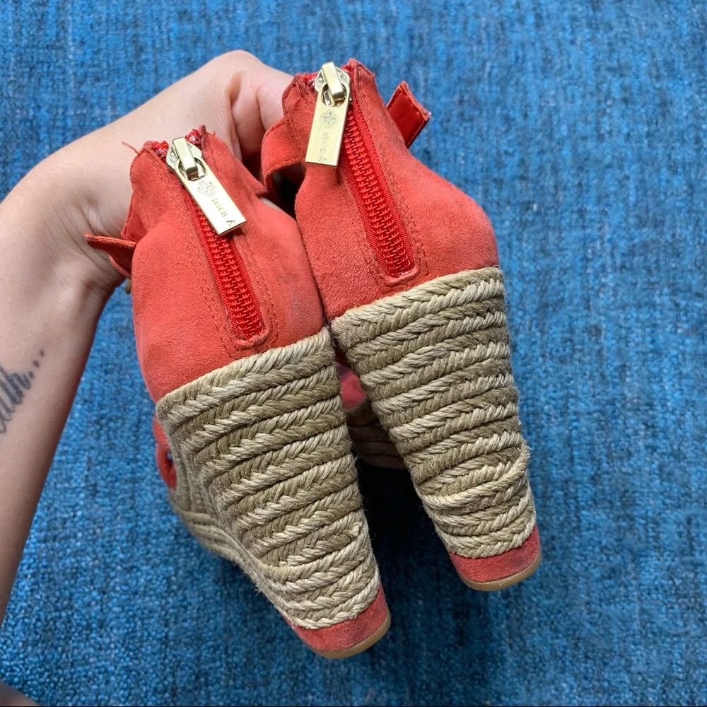 Isola Yalena Espadrille Wedge Sandals in Coral Suede Leather